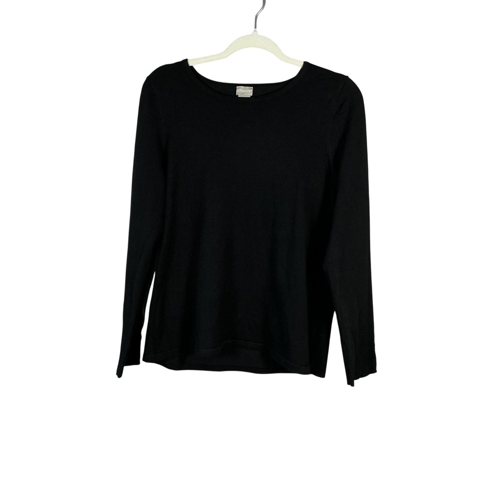Chico's Black Scoop Neck Long Sleeve Sweater with Button Cuff Detail Size 1 M